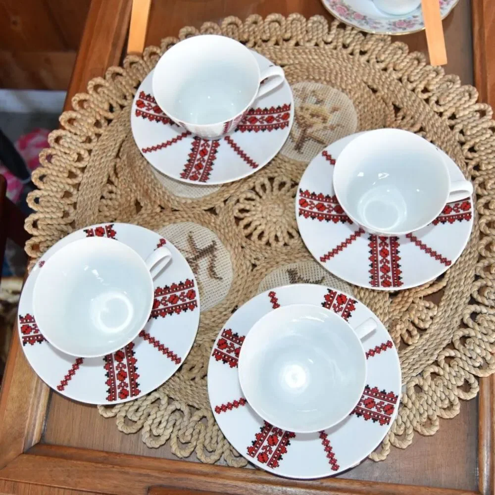Vintage Alboth Kaiser Bavaria Tea Cups Saucers Set 4 Folk Art Red Black MCM